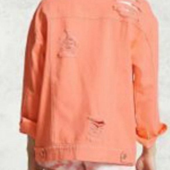 Bright Peach Orange RIPPED & DISTRESSED vibrant colorful Denim jeans jacket - Picture 2 of 8